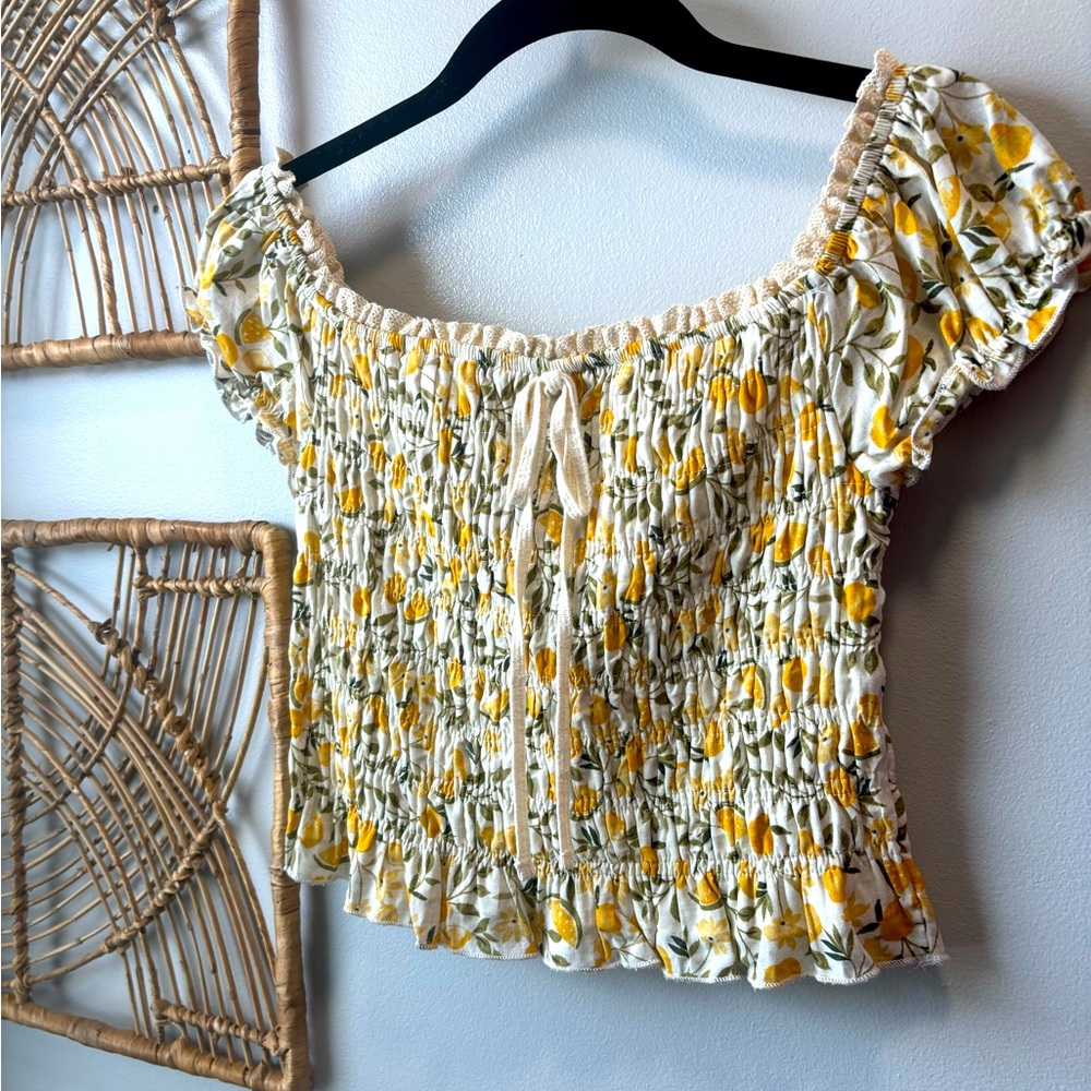 Floral & Lemon Butter Yellow Crop Top with Ruffled Edge & Sleeves | Size S